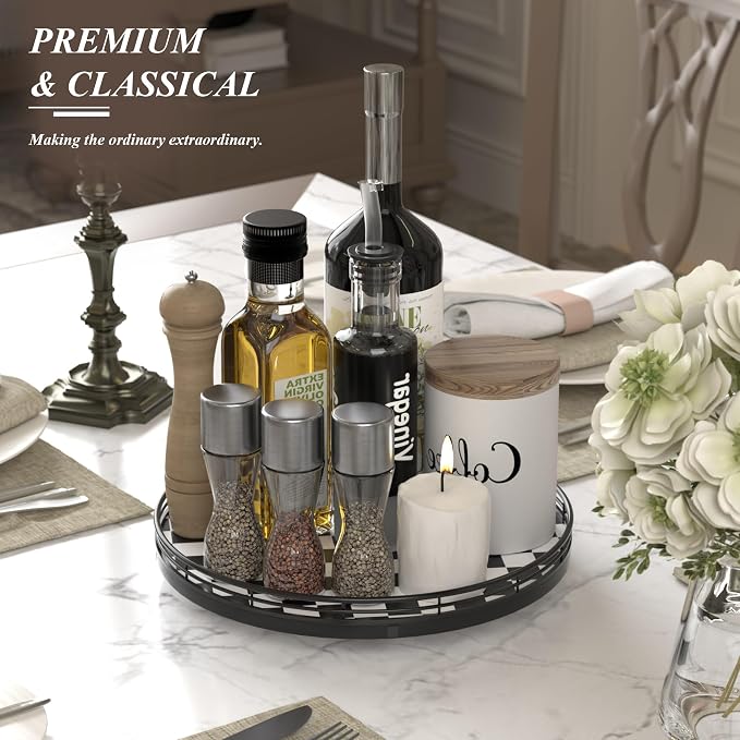 AMH 12 Inch Black and White Checkerboard Lazy Susan with Oak Wood Base | Smooth rotating oak tray with walnut finish for dining tables, kitchen counters, pantries and cabinet storage. - Image 4