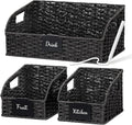 Pantry Organizers, Handwoven Large Wicker Baskets for Shelves, Labeled Storage Baskets for Organizing with Handles - Paper Storage Bins, Boho Decorative, 3 Pack, Black by Unknown