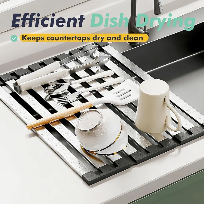 Roll Up Dish Drying Rack Over The Sink, Stainless Steel Collapsible Dish Drainer Rack for Kitchen Sink, Non-Slip Heat Resistant Space Saving Sink Drying Rack, 17.7" x 12.8" - Image 4