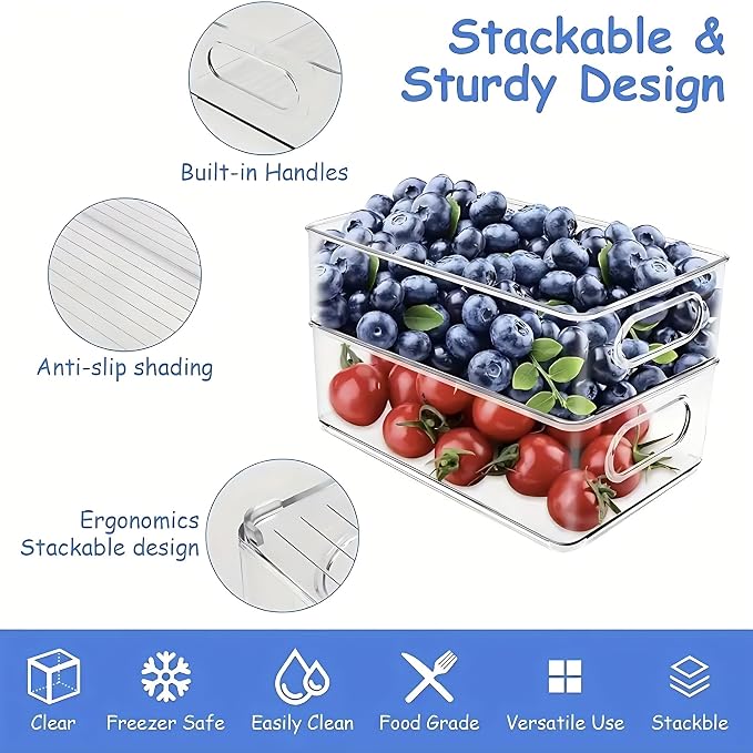 6 Pack Refrigerator Organizer Bins | 3 Sizes Stackable Clear Pantry Storage with Handles for Fridge, Freezer, Shelves, Drawer, Snack Organizer for Home & Kitchen - Image 3