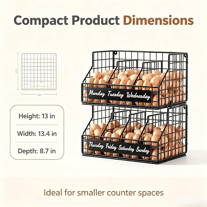 Egg Holder Countertop, 2 Tier Chicken Egg Basket for Gathering Fresh Eggs | Egg Storage Organizer with Adjustable 5 Dividers & Label, Stackable Wall Mounted Egg Collecting Basket Rack, Black - Image 2