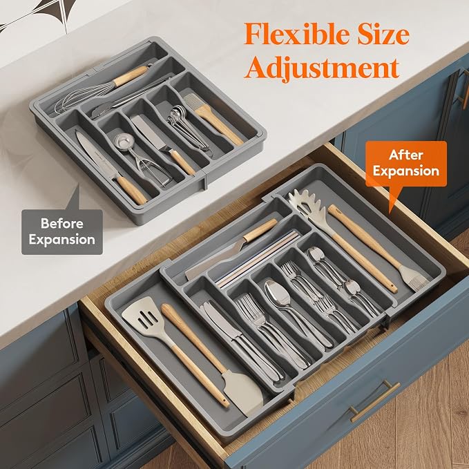 Lifewit Utensil Organizer for Kitchen Drawer, Expandable Cooking Silverware Tray, Adjustable Cutlery Flatware Holder, Plastic Spatula Tools Storage Divider, 13-22.4 x 15", Gray - Image 7
