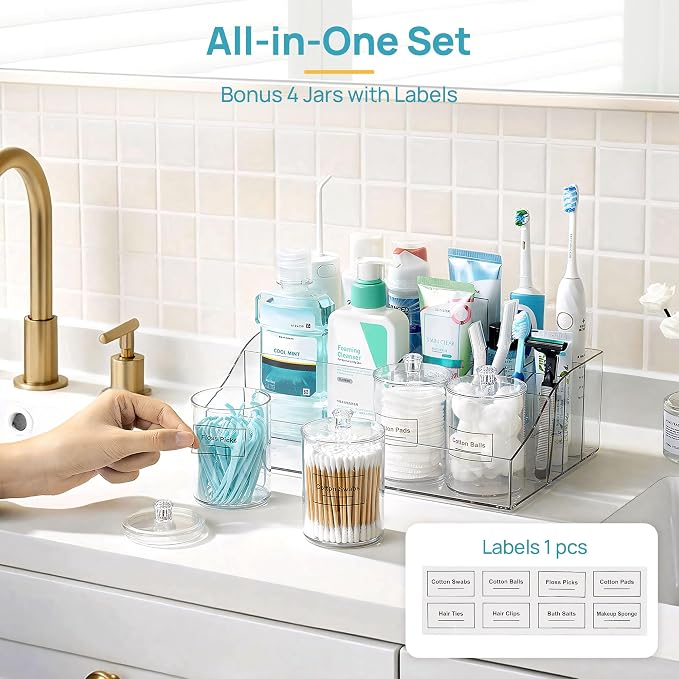 Vtopmart 5 PCS Bathroom Countertop Organizer Sets | 1 Divided Tray, 4 Qtip Holder Jars, Clear, For Toothbrush, Cotton Pads, for bathroom countertop - Image 3