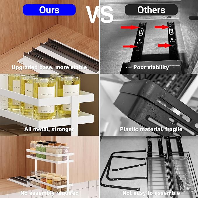 Mustorn Pull Out Spice Rack Organizer for Cabinet, 2 Tier Metal Slide Out Seasoning Organizer and Storage Heavy Duty Vertical Spice Rack Shelf Pullout for Kitchen Cabinets No Drilling(1 Pack, White) - Image 5