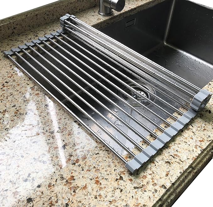 Tomorotec Roll Up Dish Drying Rack Over Sink, SUS304 Steel, 21x11.8, Gray | Heat Resistant to 550°F With Non-Slip Silicone Grips, Multipurpose Trivet for Hot Pots, Dishwasher Safe by Tomorotec