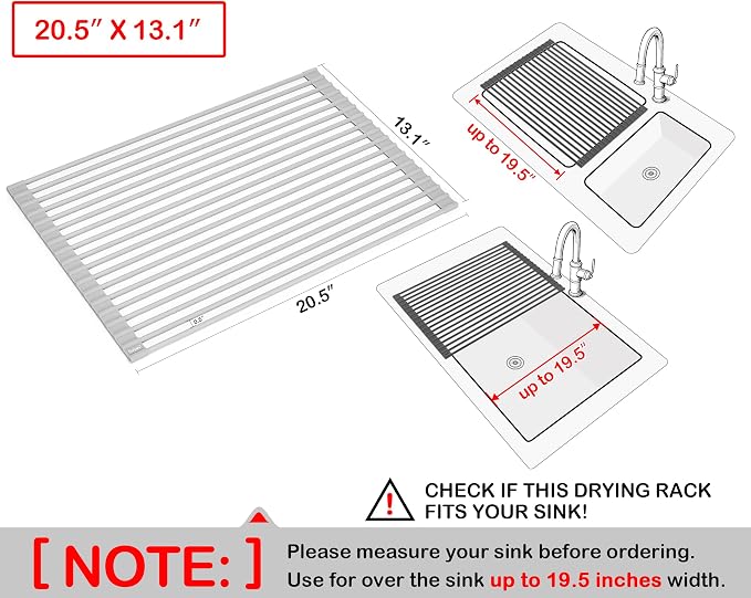 20.5 x 13.1 Inch Roll-Up Dish Drying Rack, Fits Across Sink Openings up to 19.5 Inches, Heavy-Duty Premium Silicone, Strong Support, Non-Slip, Heat-Resistant, Warm Gray - Image 2