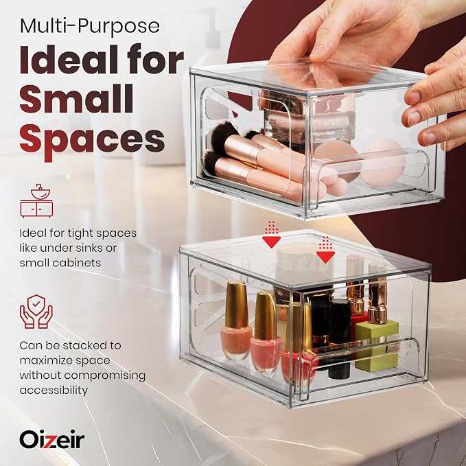 Oizeir Acrylic Drawer Organizer 2-Pack – Clear Stackable Storage Drawers for Makeup, Skincare, Vanity, Bathroom, Under Sink, Kitchen & Office – Non-Slip, Durable, Multi-Purpose Organizer Bins - Image 4
