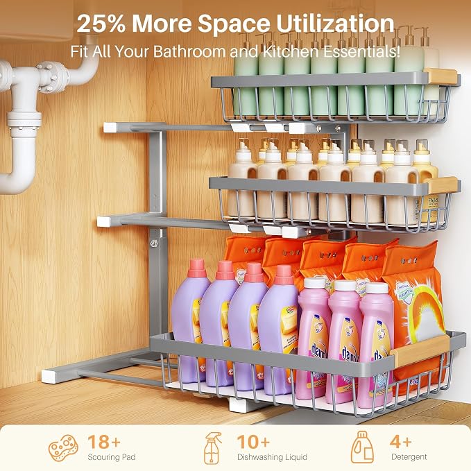 PXRACK Under Sink Organizer, 1-Pack 3-Tier Height Adjustable Thickened Metal Pull out Cabinet Organizer Shelf, Slide out Storage Drawer Rack for Bathroom Kitchen Pantry Home Organization, Grey - Image 4
