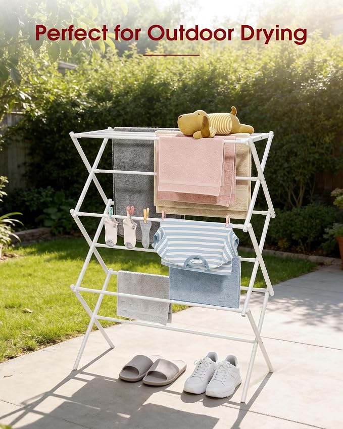 Sakugi Foldable 3-Tier Clothes Drying Rack 37.4" H with Non-Slip Feet | Indoor & Outdoor Use, Space Saving, Metal Frame, 11.4" D x 29.1" W, White - Image 9