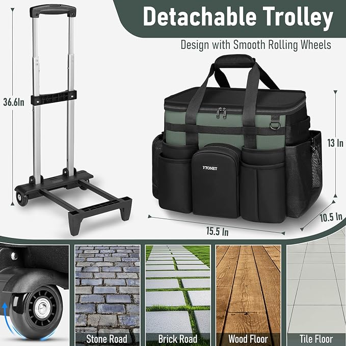 Ytonet Cleaning Caddy with Wheels, Extra Large Rolling Cleaning Caddy Bag | with Detachable Trolley for Housekeepers, Water Resistant Cleaner Supplies Organizer with Wheels for Kitchen, Tool Organizer - Image 3