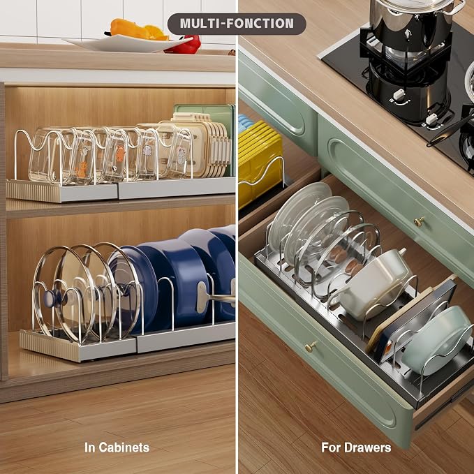 Magheo 2 Pack Expandable Food Storage Container Lid Organizers, 22" Pots and Pans Organizer Under Cabinet with 9 Adjustable Dividers Pot and Pan Lid Holders Rack Inside Cabinet(Gray) - Image 4