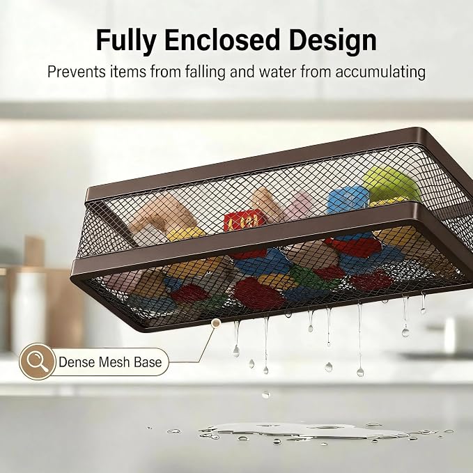 PUSDON 5-in-1 16.5" Extra Long Slim Wall Mount Wrapped Mesh Kitchen Organizer & Shower Caddy Kit, with Paper Towel Holder, Utensil Holder, Soap Dish, Holds 50LBS - Vintage Bronze, Netting - Image 4