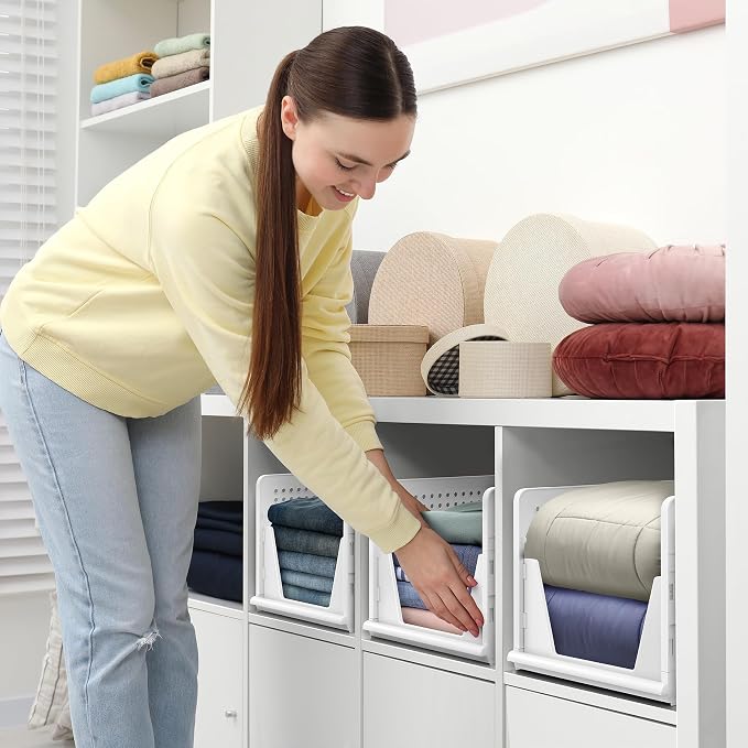 Sorbus 3 Pack Folding Closet Shelf Organizer for Clothes - Versatile Stackable Storage Baskets for Closet, Bathroom, Kitchen and Garage - Easy Access Open Front Design - Plastic Organizer Shelves - Image 7