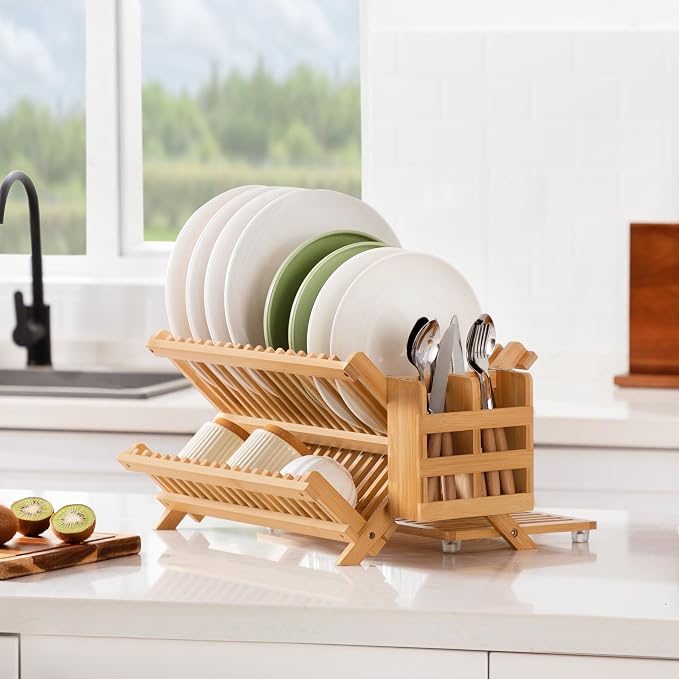 Bamboo 3 Tier Dish Drying Rack with Utensil Holder | Collapsible Dish Rack for Kitchen Counter, Large Folding Drying Holder, Dish Drainer, Kitchen Organizers and Storage - Image 6