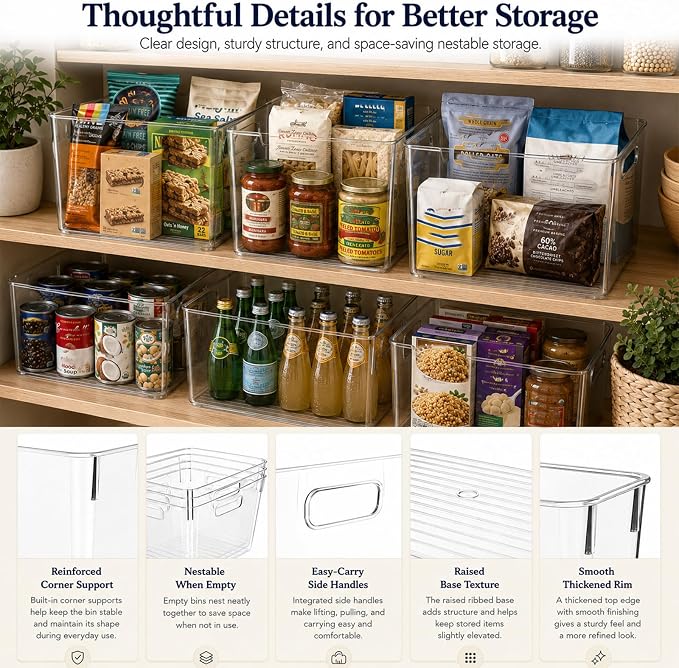 MOONEDGE 4 Pack Extra Large Clear Plastic Storage Bins 13x10x8in Organizers | 16QT Each, Pantry Organizers and Storage, Cabinet Storage, Bathroom, Closet, Under-Sink, Kitchen Shelves, Side Handles, Home - Image 6