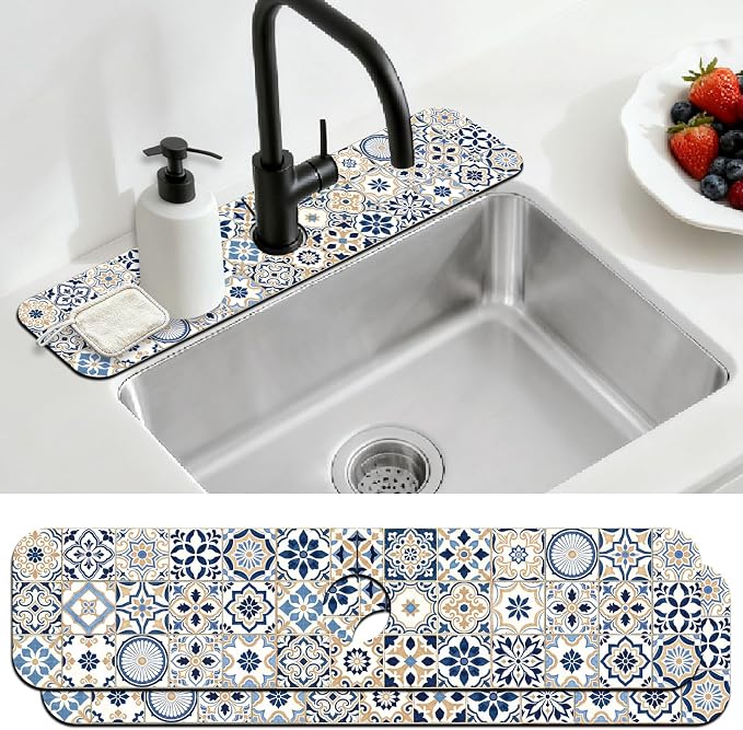 2 Pcs Kitchen Sink Splash Guard Faucet Mat Blue-toned Tile Faucet Mat for Sinks Absorbing Drying Mats for Kitchen Bathroom, 23.6x5.5inch by CONCHLERY%E6%97%97%E8%88%B0%E5%BA%97