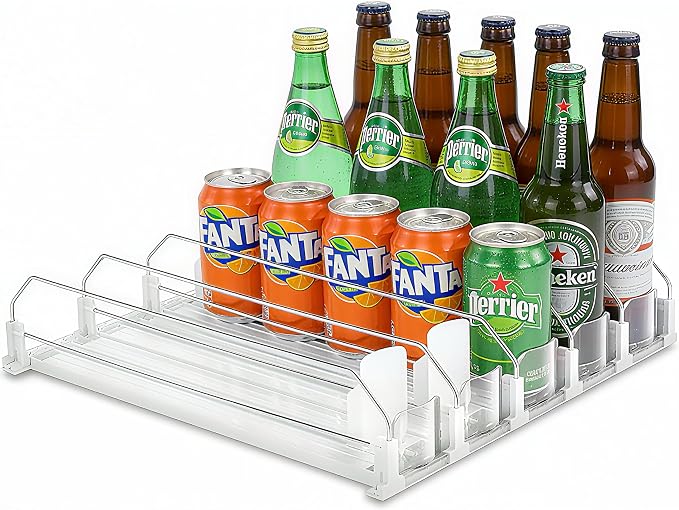 Adjustable White Fridge Organizer, Automatic Can Dispenser & Drink Rack | Holds up to 25 Cans (12oz/16oz/20oz), Gliding Soda & Beer Organizer for Refrigerator - Space Saving Kitchen Storage by Unknown