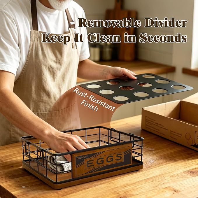 Farmhouse Egg Holder Countertop, Oak Wood & Metal Egg Basket with Handles | Stackable Rustic Egg Tray Organizer for Kitchen Counter, Holds 12 Eggs, Removable Divider for Fresh Egg Storage, Walnut - Image 7