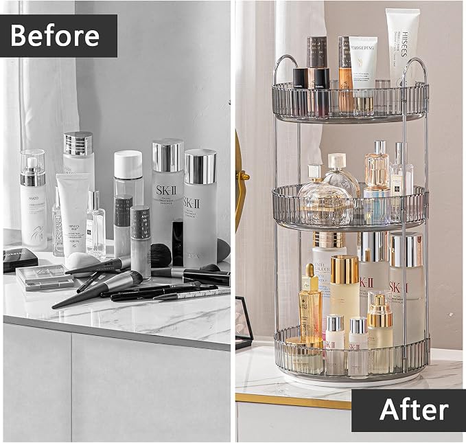 Rotating Makeup Organizer for Vanity, Large Capacity Skincare Perfume Storage, Bathroom Counter Organizer, 360 Spinning Cosmetic Dresser Countertop Organizers (Gray, 3 Tier) - Image 4
