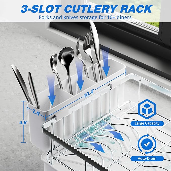 2-Tier Dish Drying Rack - 304 Stainless Steel Dish Rack Auto Drain | Dish Racks for Kitchen Counter, Dish Drainer with Knife Fork & Cup Rack, Gifts for Women, Mothers Day, Kitchen Gadget, Silver - Image 5