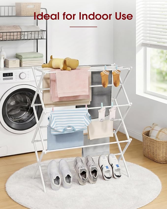 Sakugi Foldable 3-Tier Clothes Drying Rack 37.4" H with Non-Slip Feet | Indoor & Outdoor Use, Space Saving, Metal Frame, 11.4" D x 29.1" W, White - Image 8