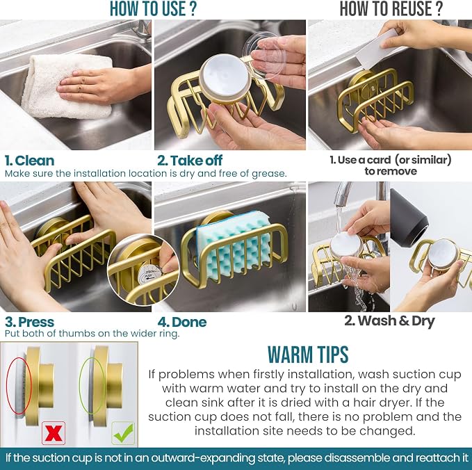 TAILI Rustproof Sponge Holder for Kitchen Sink with Suction Cup-Gold | Rustproof Aluminum Sink Caddy for Sponges, Brushes, Stoppers & Scrapers,Removable Ventilated Quick-dry Design, Holds Up 11lbs - Image 7