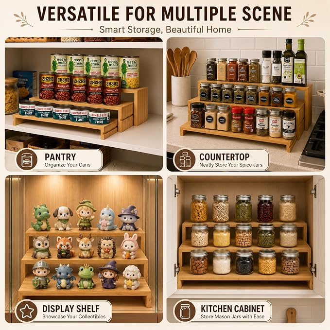 Expandable Bamboo Can Organizers and Storage Rack for Pantry Cabinets 2 Set | 100% Natural Bamboo,Expandable 3 Ties,Adjustable Depth for Pantry Cabinets,s sets,Spice Rack and Canned Food Organizer - Image 6