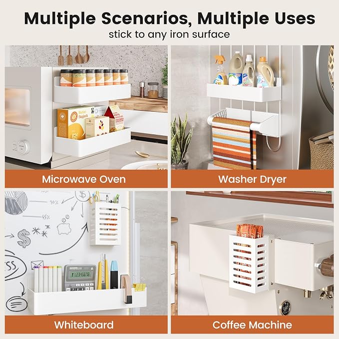 Magnetic Spice Rack for Refrigerator,8 Pack Magnetic Shelf,Fridge Magnet Organizer with Paper Towel Holder,Utensils Racks,Hook Rack,Deepened Basket,Fridge Organizers and Storage White(8 Pack) - Image 7