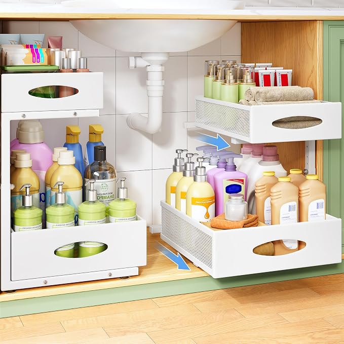 Under Sink Organizer, 2-Pack Pull Out Cabinet Organizer 2 Tier Metal Slide Out Storage Shelf Rack, L-Shaped Adjustable Height,Mesh Sliding Drawer for Kitchen, Bathroom, Laundry, Pantry, White, XL by Kitstorack