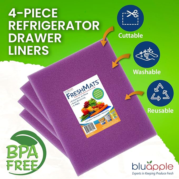 Bluapple FreshMats, Refrigerator Liner, Fridge Drawer Mats, Crisper Life Extender Liner Keeps Produce Fresh Longer, Anti-Bruising, Helps Air Circulation, Washable & Reusable (4-Mats, 12x15, Lavender) - Image 3
