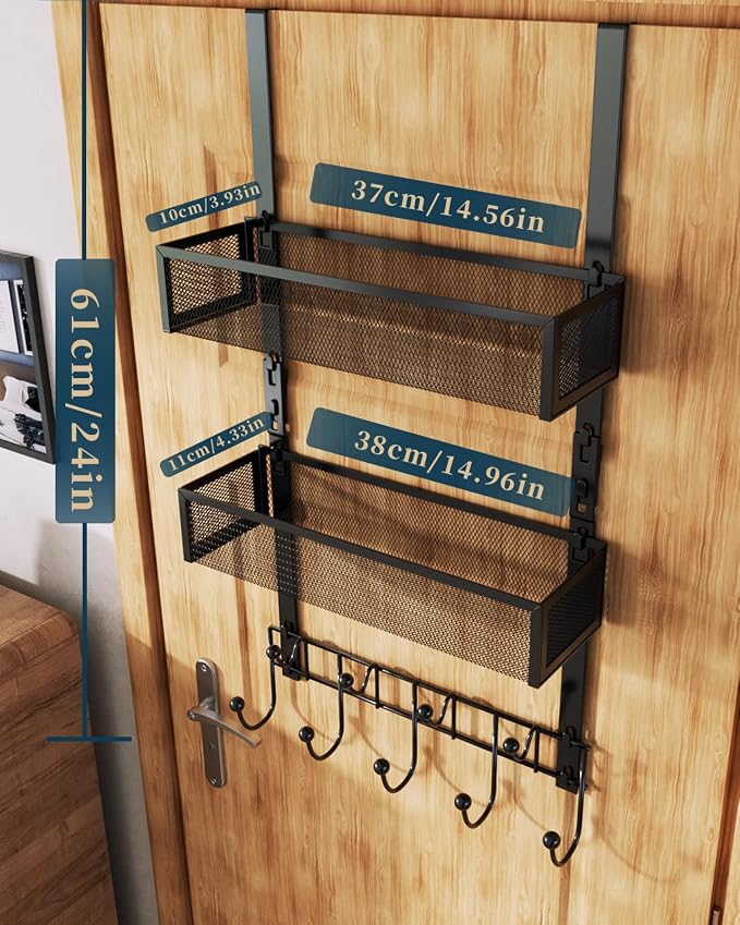 Consumest Over The Door Hooks Organizer - 3 Tier Door Hanger with 9 Coat Hooks & 2 Mesh Basket, Back Storage Organizer Hanging Towels for Bathroom, Bedroom, Black - Image 7