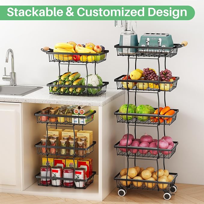 SAYZH 5-Tier Fruit Basket Stand with Vegetable Baskets for Kitchen, Black | Stackable Metal Wire Basket, Sturdy Rolling Storage Carts for Kitchen, Pantry Organizer, Snack and Jar Storage - Image 4