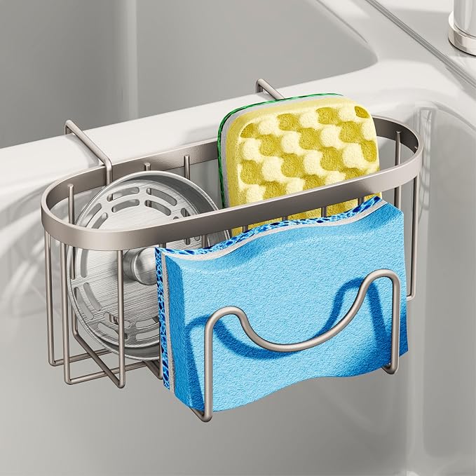 SWTYMIKI Sponge Holder for Kitchen Sink - Movable Kitchen Sink Caddy with M Shape Hook, Stainless Steel Hanging Sponge Caddy for Dish Sponge, Brush, Stopper Organizer in Double Sink, Sand Nickel by SwtyMiki-TidyHomeSweetLife
