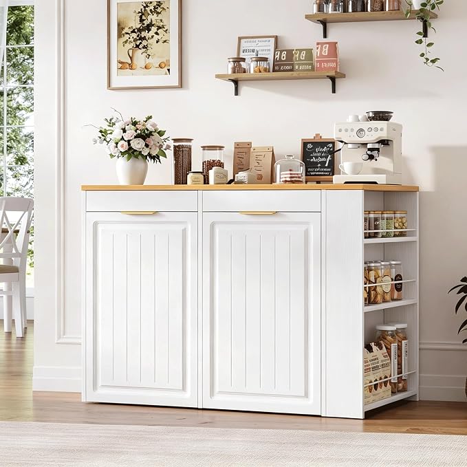 Double Pull Out Trash Can Cabinet 2x13 Gallon, Side Storage Rack, White | Pet Proof, Freestanding Kitchen Cabinet, Garbage Recycling, Laundry Hamper, Modern Farmhouse Waste Bin Furniture - Image 7