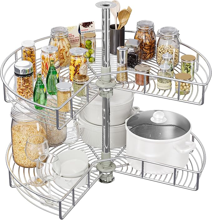 YITAHOME 31" Lazy Susan Turntable with Chrome Pie-Cut Design | 270° Chrome Corner Organizer with 2 Shelves and Adjustable Height for Cabinet, Silver - Image 4