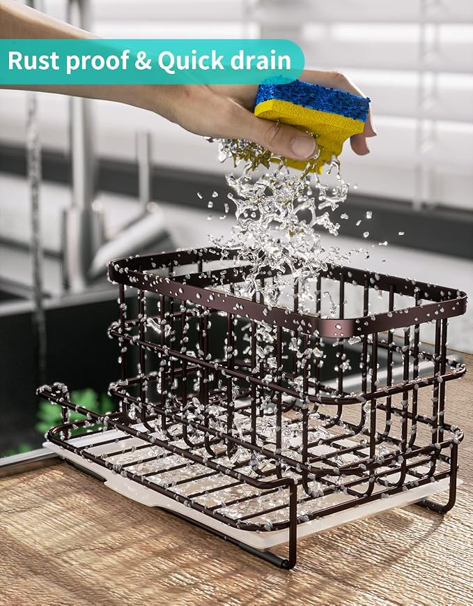 HapiRm Multifunctional Kitchen Sink Caddy with Removable Drain Tray, Quick Draining Rustproof Sink Organizer, Stainless Steel Kitchen Sponge Holder for Sponge, Cleaning Towel and Scrubber-Bronze - Image 3