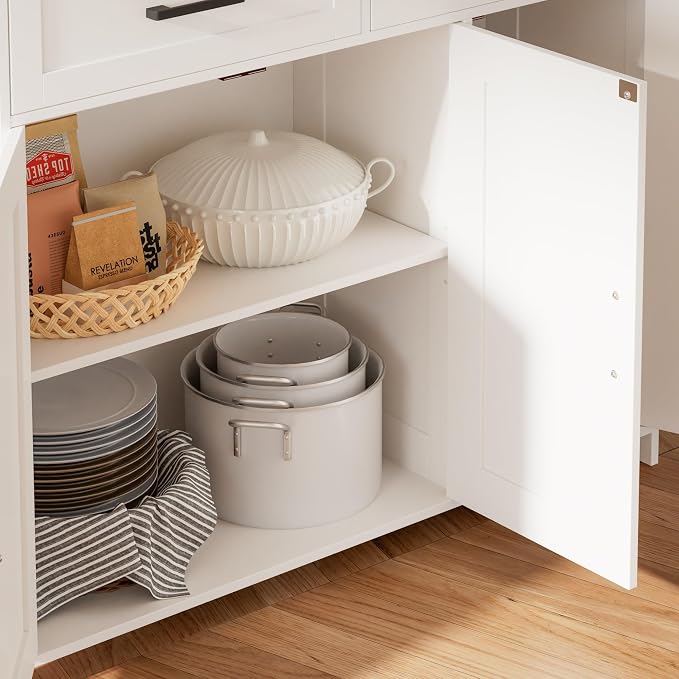 Homhedy Coffee Bar Storage Cabinet with Drawers, Kitchen Buffet Cabinet | Sideboard Cabinet with Doors, Farmhouse Buffet Cabinet, Adjustable Shelves, for Kitchen / Dining / Living Room, White - Image 9