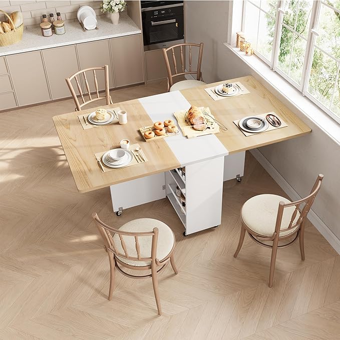 Jocoevol Space Saving Folding Dining Table for 4, Foldable Dining Table with Drawer and Storage Shelf, 6 Wheels Drop Leaf Kitchen Dining Room Table for Small Space (Natural, 47.2" x 23.6" x 29.9") - Image 3