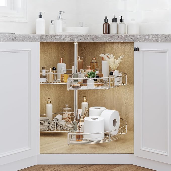 DWVO 31″ Kidney 2-Tier Lazy Susan – Telescoping Mount Corner Cabinet Organizer with Pie-Shelf Design, for Bathroom,Kitchen Cabinet Blind Corners (Chrome, 270° Adjustable) - Image 2