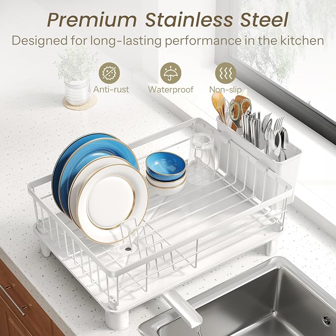 SNTD Dish Drying Rack for Small Kitchen Counter, 11" W x 15" L, White | Space Saving, Rotating Spout & Angled Drainboard for Quick Drainage, Stainless Steel, Removable Utensil Holder - Image 5
