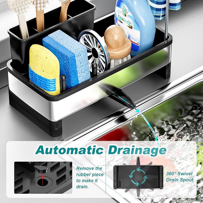 Ewaiira Stainless Steel Sink Caddy, Sponge Holder for Kitchen Sink 9.8″ | with Brush Holder and Towel Rack, Sink Organizer for Countertop, Soap Kitchen Organizers Storage Essentials, Black - Image 5