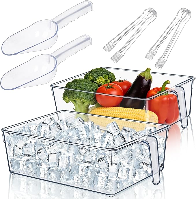 DGB 2 Sets Clear Ice Bucket for Freezer, Ice Storage Bin & Holder | Freezer Ice Bin, Pull-Out Handle, Ice Cube Container, Scoop & Tongs, Home Bar, Fridge Organization,11.8 x 8.1 x 3.54 Inches by Unknown