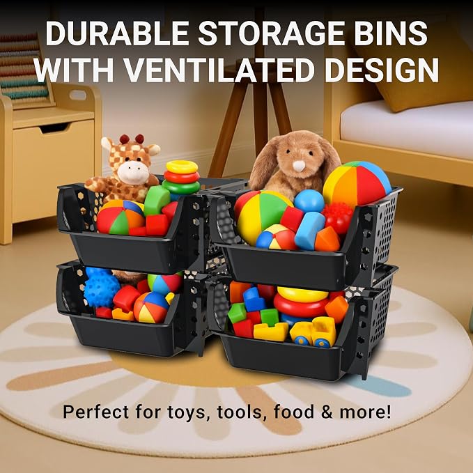 Skywin Stackable Storage Bins Open Front for Pantry Storage, 4 Pack - Black | Sturdy Plastic, Easy Stacking, Breathable & Open Front Design, Pantry Storage for Snacks, Toiletries, and Small Essentials - Image 6