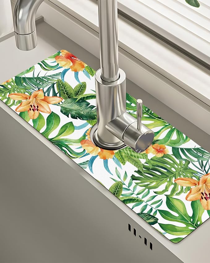 Patterned Sink Faucet Mat Kitchen Splash Guard Super Absorbent Drying Mat, Non-Slip Drain Pad for Kitchen Counter or Bathroom-15x5.5in by BnhjsdwTablecloth