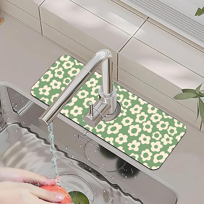 Faucet Mat for Kitchen Sink Vintage Groovy Flower Green Daisy Sink Splash Guard Behind Faucet Soft Diatom Mud Material Non-slip Easy to Clean for Bathroom & Kitchen 15"X5.5" - Image 6