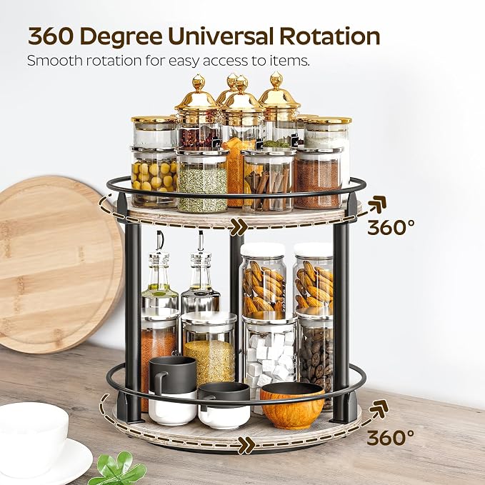 Lazy Susan Organizer, Rotating Spice Rack, 2 Tier Spice Turntable Organizer, Industrial Turntable Spice Holder, for Kitchen Countertop and Cabinet, Compact and Versatile, Greige SR22BG - Image 4
