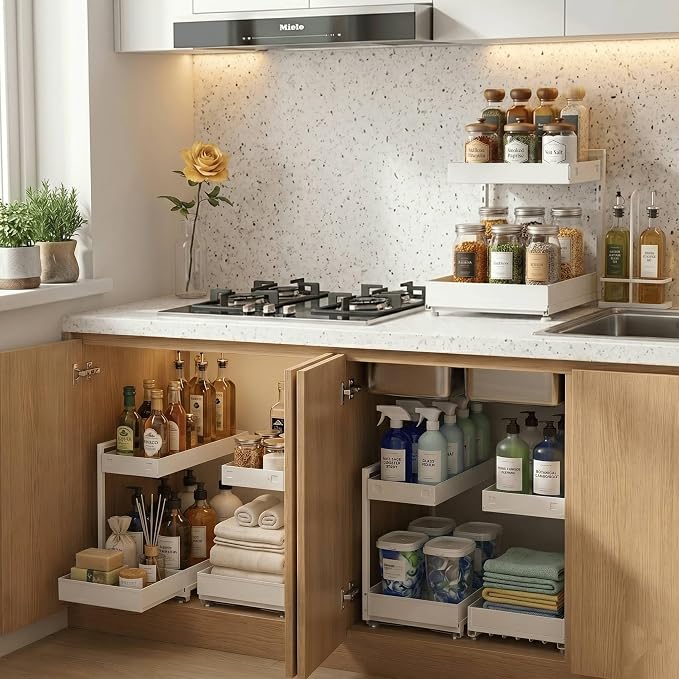 TATAANTY Under Sink Organizer, L-Shaped Metal 2-Tier Double Pull-Out Drawer for Kitchen & Bathroom Cabinets, Adjustable Height Storage - 50lbs Heavy Duty Waterproof 2PCS Height Adjustable - Image 2