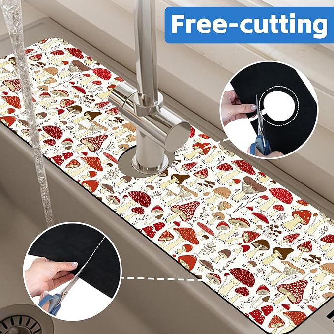 Cartoon Mushrooms Dish Drying Mat for Kitchen Sink Splash Guard Behind Faucet Sink Mat Absorbent Fast Drying Faucet Draining Mat for Bathroom Kitchen 5.5"×24" - Image 7