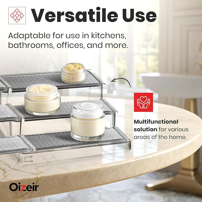 Oizeir Expandable Spice Rack Organizer for Cabinet (4 Pack), 3-Tier Clear Tiered Shelf, Non-Slip Adjustable Spice Cabinet Organizer for Kitchen Pantry, Medicine, Seasoning & Bottle Storage - Image 5