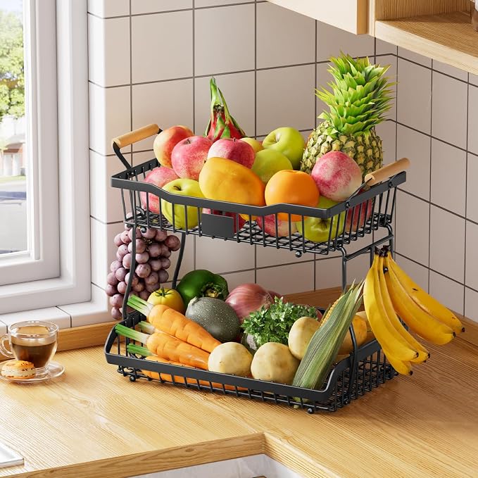 Simple Trending Fruit Basket 2-Tier Detachable, with Banana Hangers & Rust-Proof Metal Mesh, Ventilated Kitchen Organizer for Countertop, Perfect for Fruits, Vegetables, Snacks Storage - Image 2